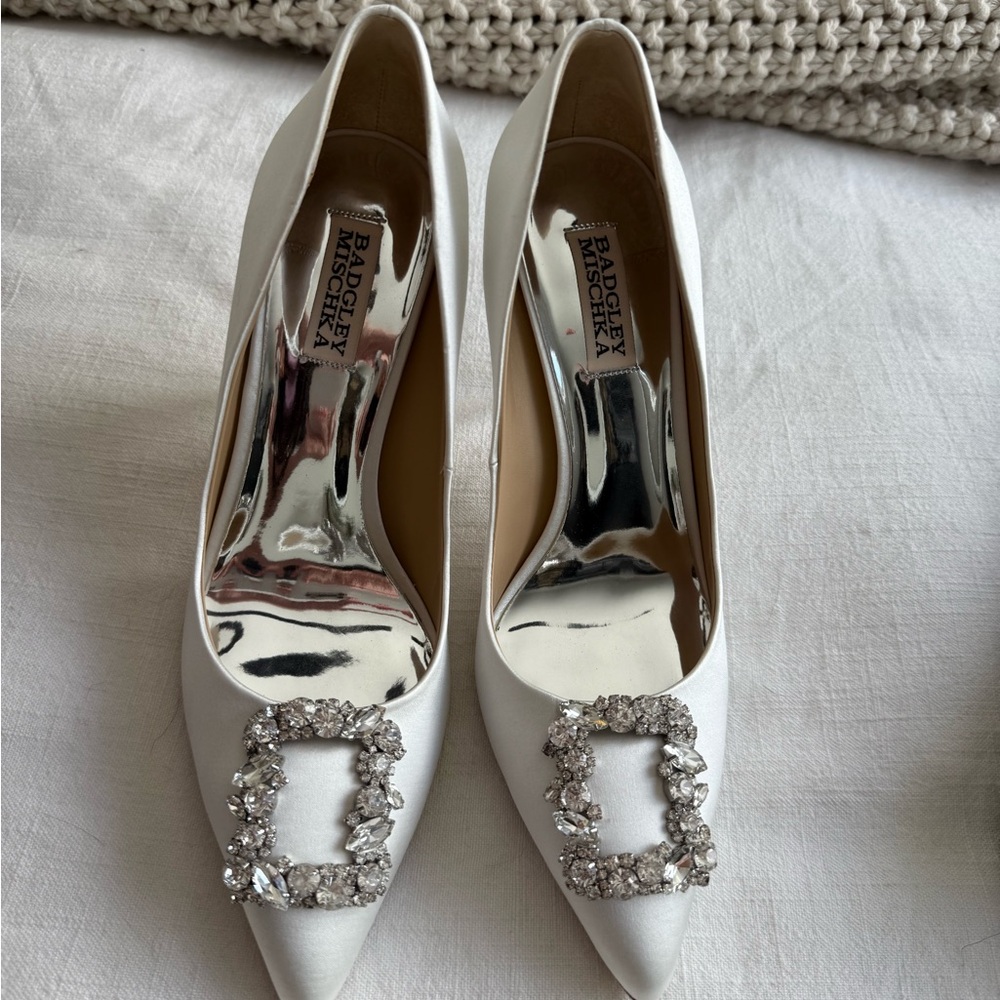 Badgley Mischka White Satin Crystal Buckle Heels / Cher Pumps - Picture 2 of 5